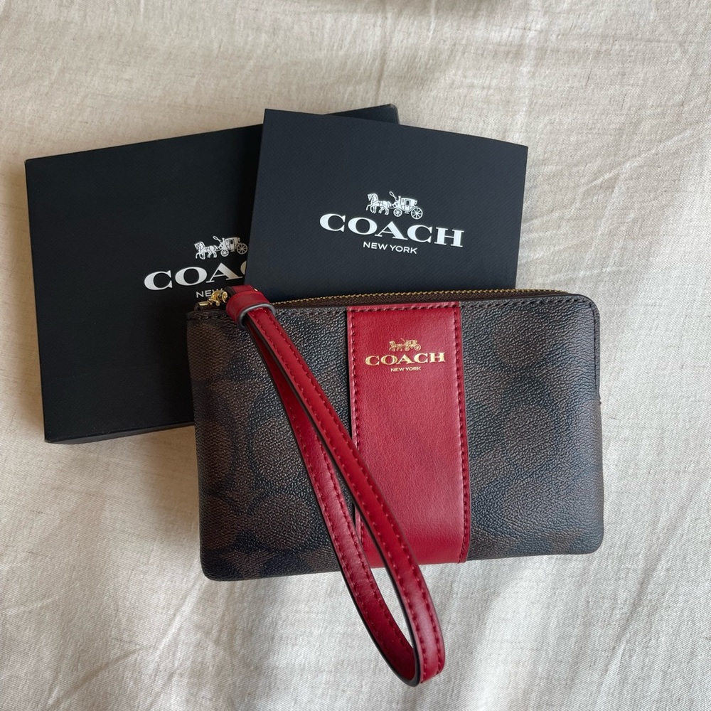Coach Red and Brown Leather Wristlet